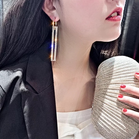 Fashion Long Geometric Drop Earrings Luxury Silver Rectangle Rhinestone  Party - Picture 3 of 5